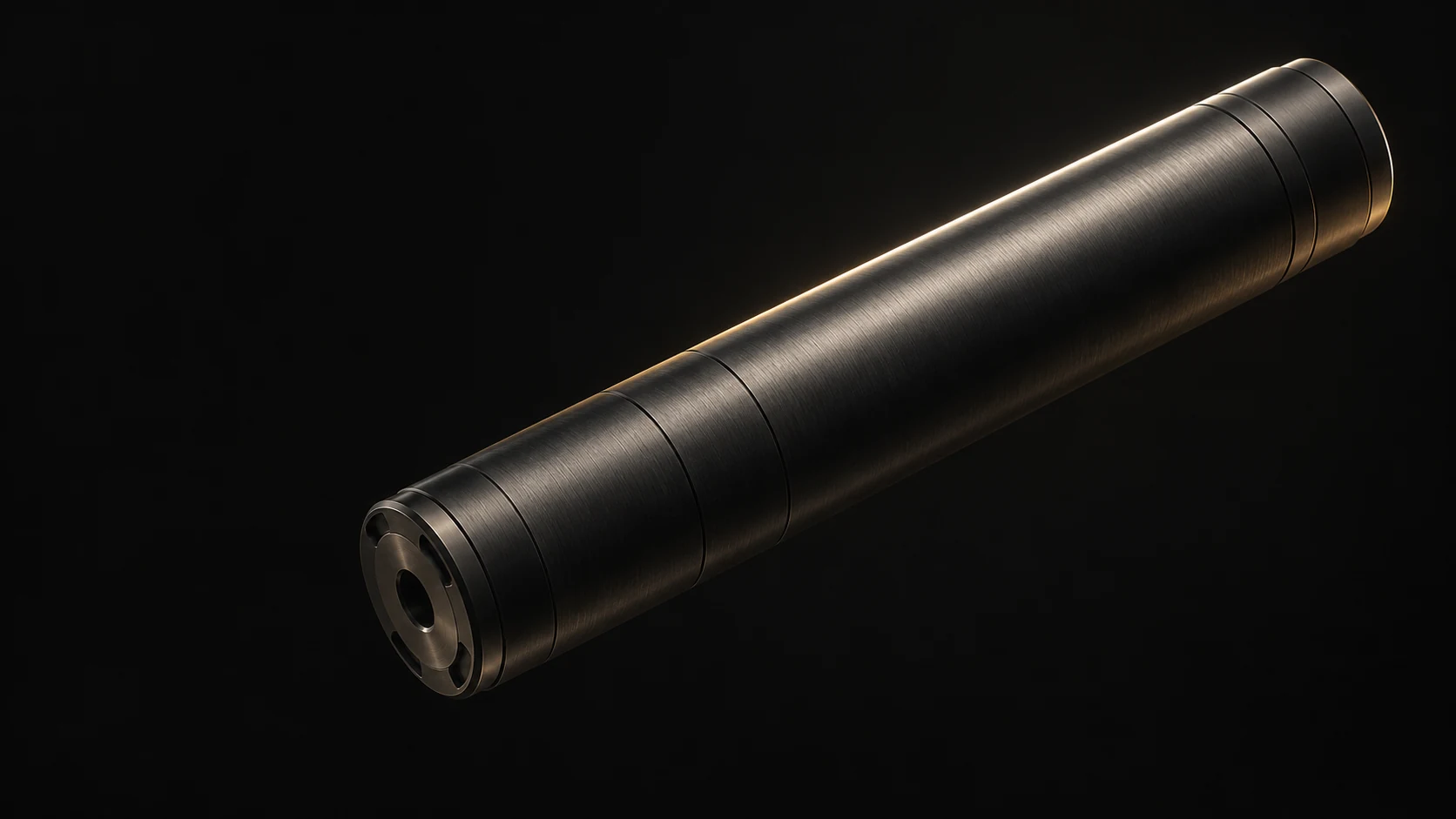 AI-generated exterior concept of a graphite suppressor, dramatically lit against a dark background